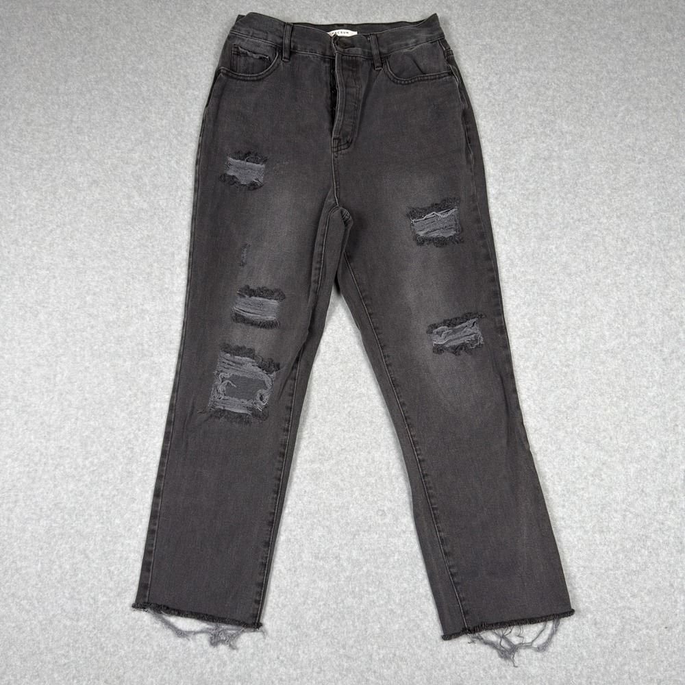 PacSun High Rise Straight Leg Jeans Faded Black Gray Distressed Raw Hem Size 27